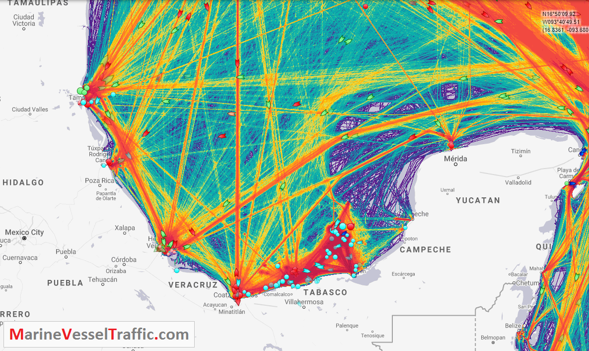 Live Marine Traffic, Density Map and Current Position of ships in BAY OF CAMPECHE